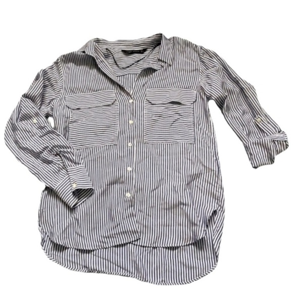 Zara Nautical Blue And White Stripe Flowy Button Down Blouse - Picture 1 of 7